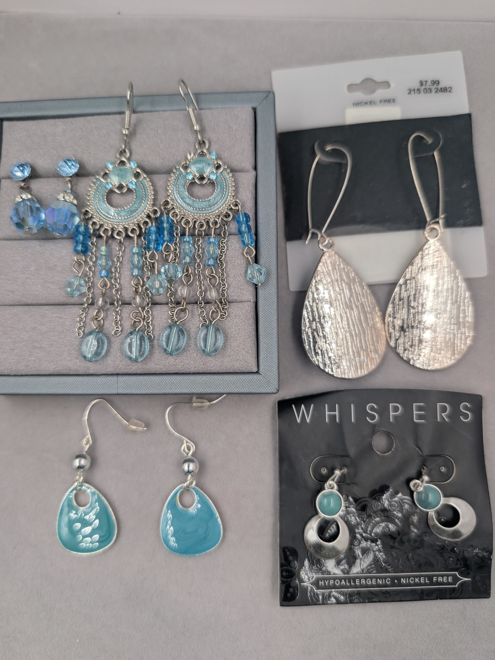 Whispers Blue Aqua Silver Tone Chandelier Earrings 5 Pair Lot | 0909